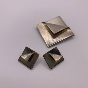 🖤 #049 Vintage 1980s art deco sterling silver  brooch and earrings set
